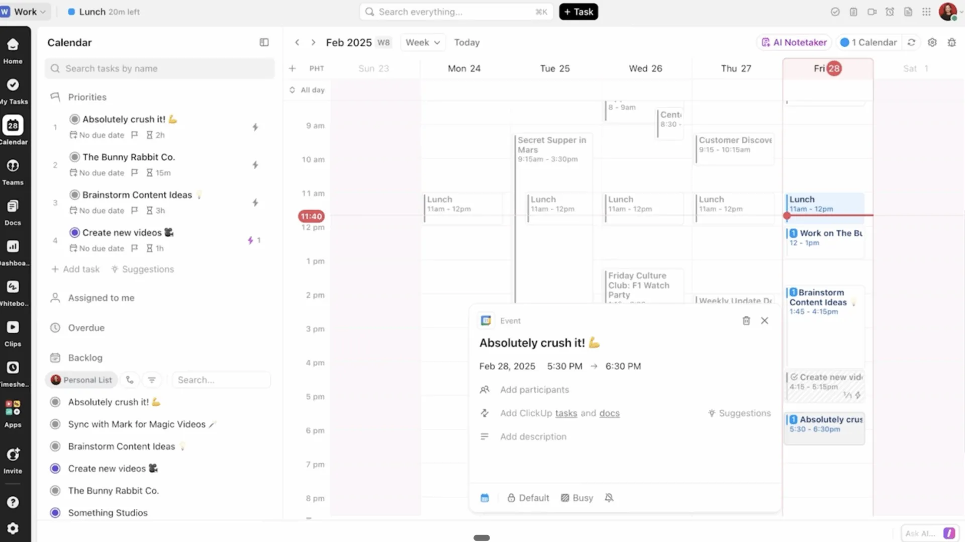 ClickUp Takvim'de her etkinlik görevler, belgeler ve önceliklerle bağlantılıdır. Programınız, tahmin oyunları değil, işinizin canlı bir yansımasıdır.