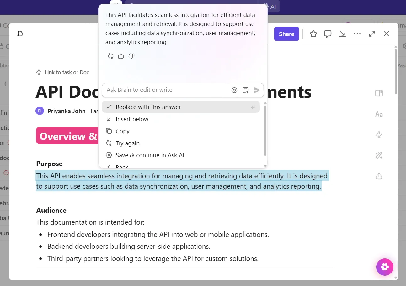 ClickUp Brain en documentos: plataforma de vanguardia con funciones clave para la edición.