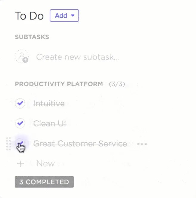 Organisez des listes simples à faire au sein d'une tâche avec les checklists ClickUp Task Checklists.