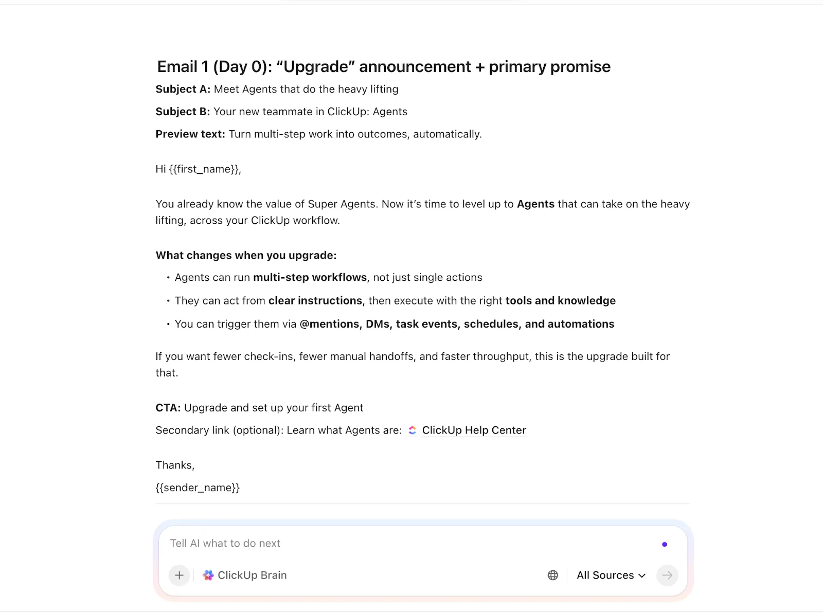 Wykorzystaj ClickUp Brain do tworzenia e-maili w 100% dostosowanych do kontekstu: jak stworzyć agentów AI dla zespołu sprzedaży