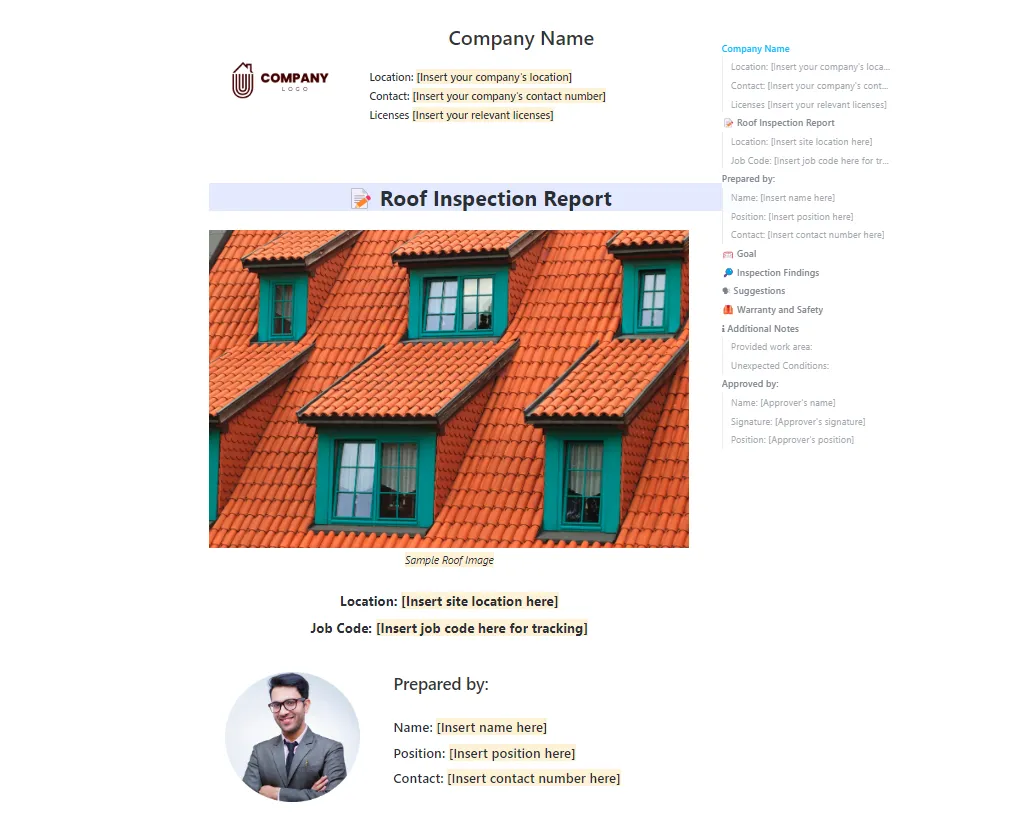Assurez-vous que vos rapports de toiture sont infaillibles grâce au modèle de rapport d'inspection de toiture ClickUp.