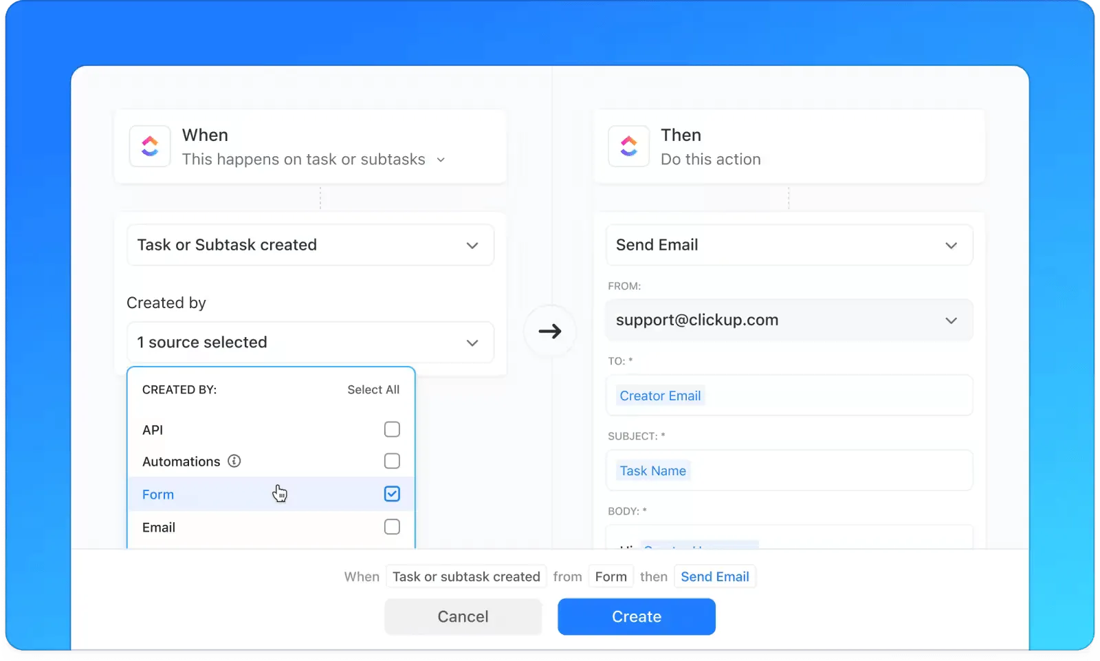 Use o Clickup Automations para enviar e-mails automáticos para eventos.