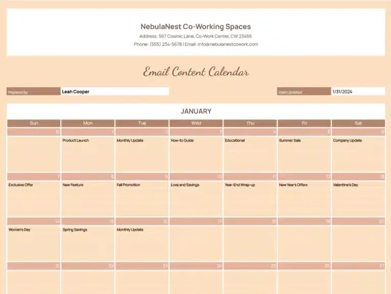 เทมเพลตปฏิทินเนื้อหาอีเมล: เทมเพลตปฏิทินเนื้อหาใน Google Sheets