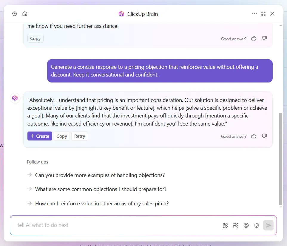 ClickUp Brain : outils d'intelligence conversationnelle pour créer des argumentaires de vente