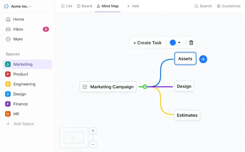 ClickUp Mapas mentales: software gratuito de mapas mentales para ampliar tu idea central.