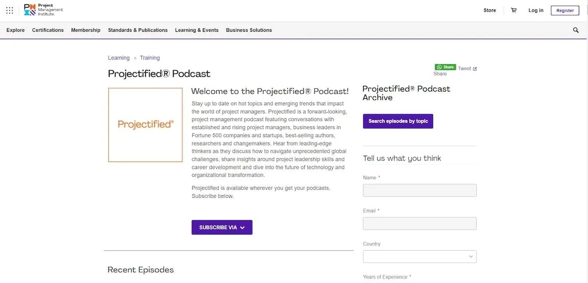 Podcasts sobre gestión de proyectos: Página de inicio de The Projectified Podcast