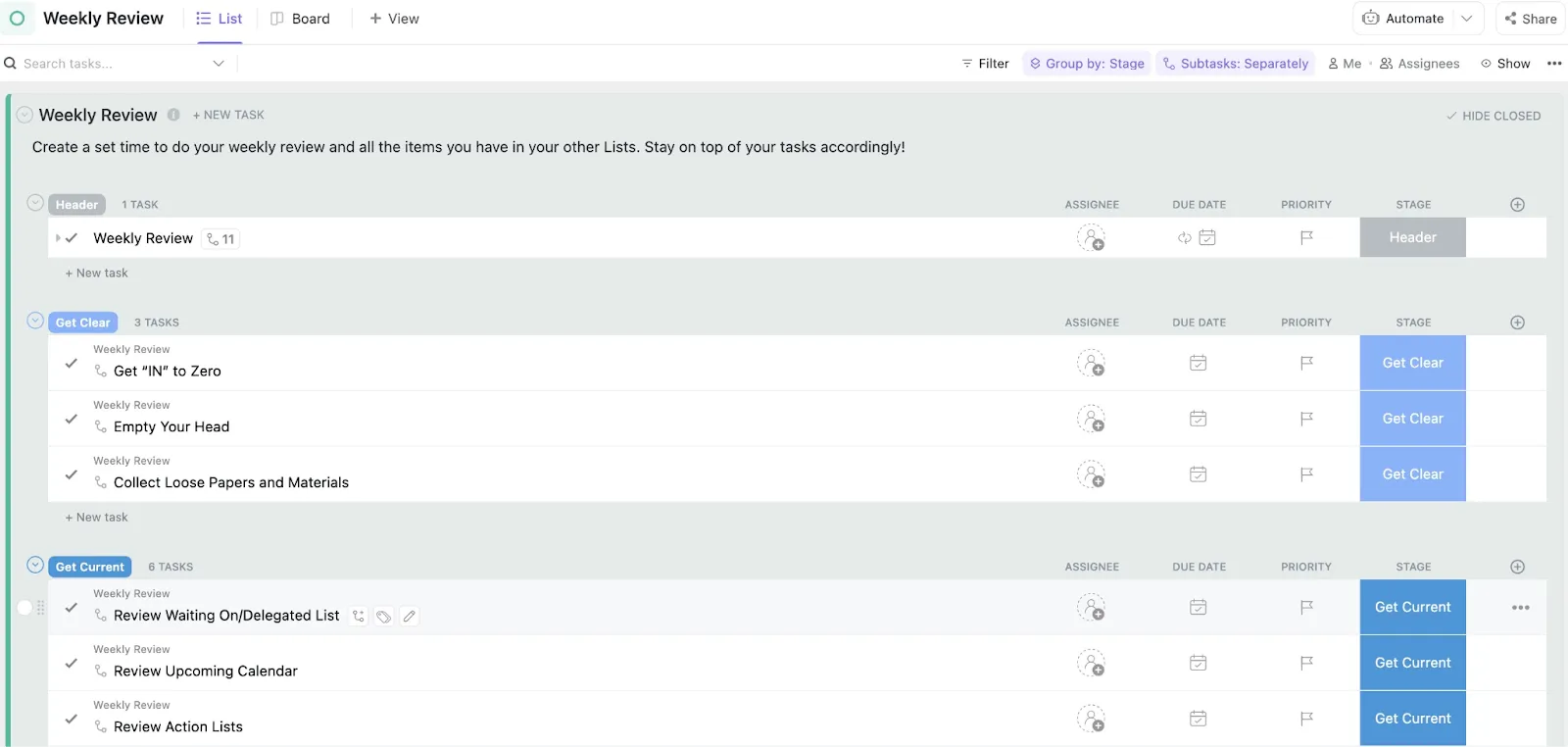 Modello ClickUp "Getting Things Done"