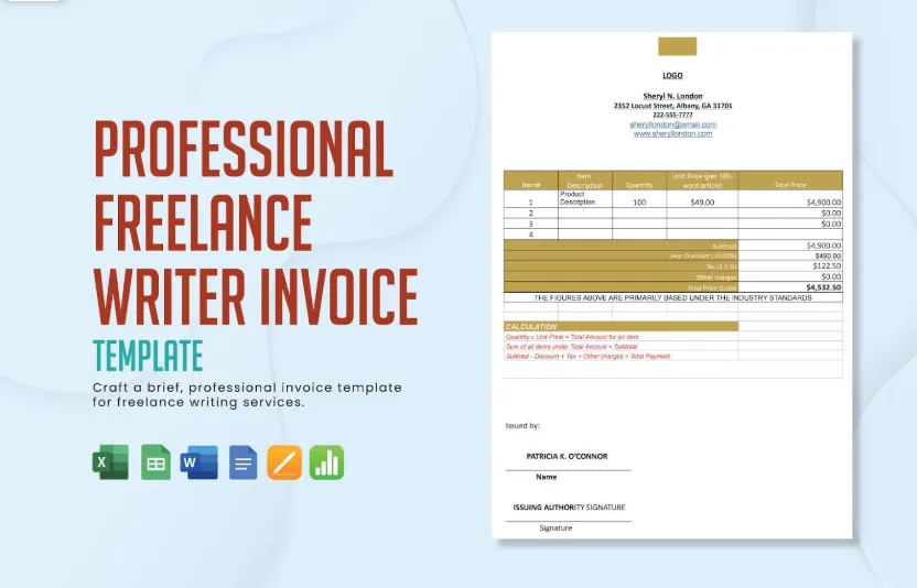 Professioneel factuursjabloon voor freelance schrijvers door Template.Net