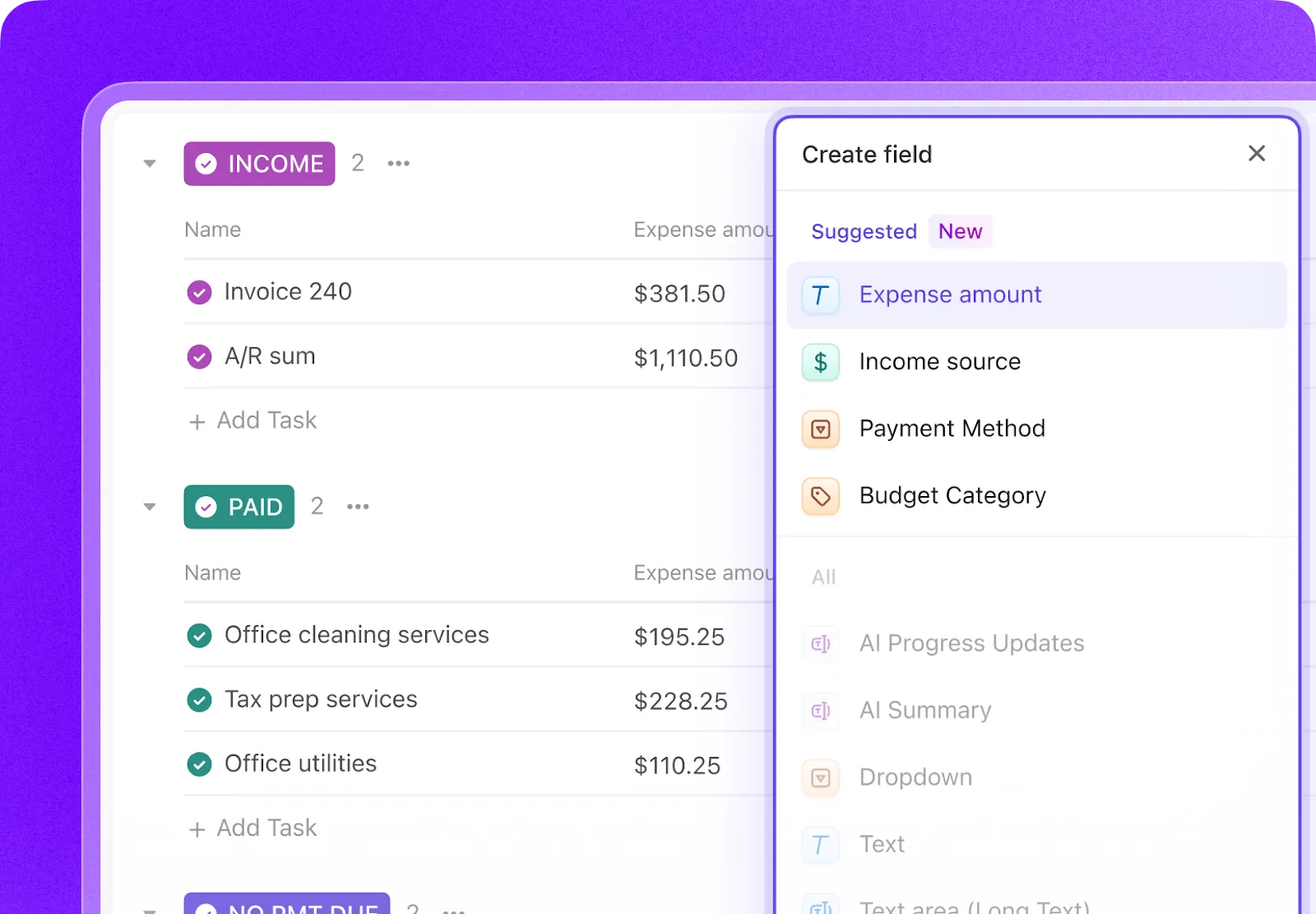 Personaliza los detalles que deseas supervisar en tu gestor de suscripciones con los campos personalizados de ClickUp