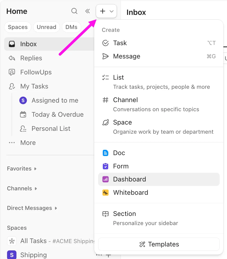 Painéis do ClickUp: use um modelo ou crie seu próprio painel personalizado
