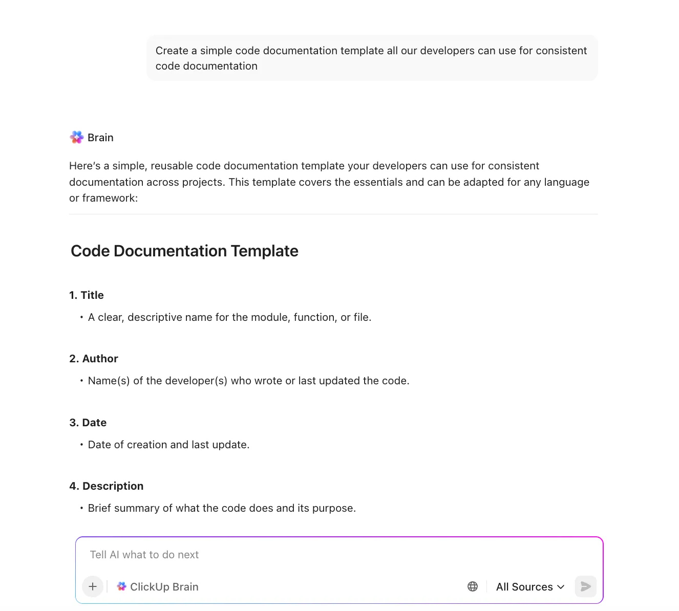 Erstellen Sie mit Brain Richtlinien für die Dokumentation des Codes in ClickUp