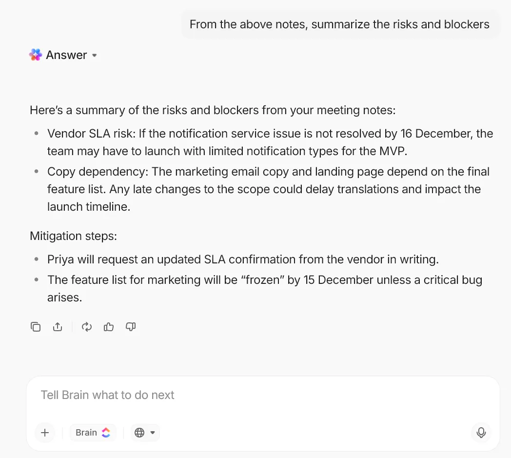 ClickUp Brain ile proje klasörlerinizden anında özetler ve gözlemler alın.