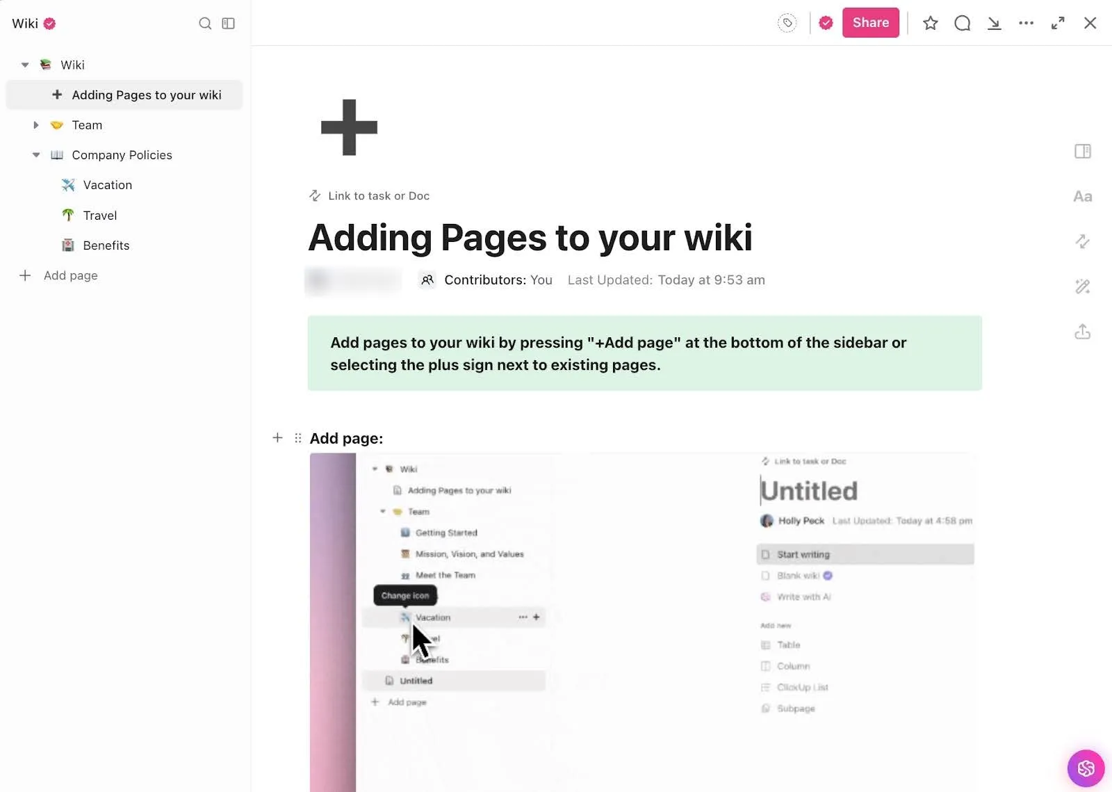 Modèle Wiki ClickUp avec plusieurs pages : créez un wiki d'équipe structuré de plusieurs pages, l'un des meilleurs exemples de page FAQ pour une documentation claire.