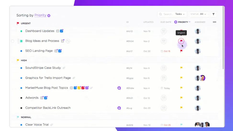 Приоритети на задачите в ClickUp