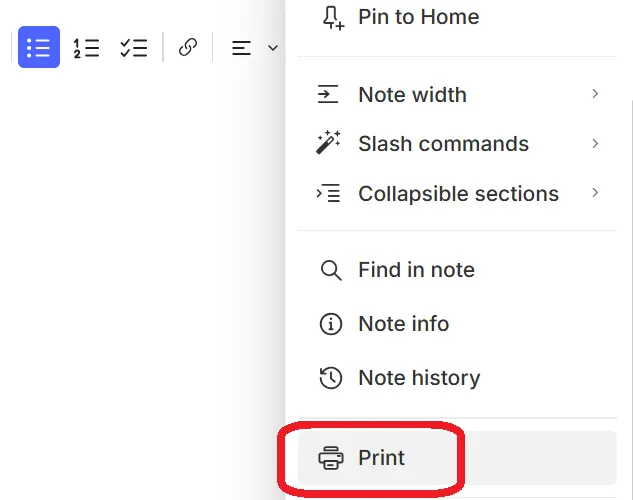 Menu Imprimer Evernote dans le navigateur