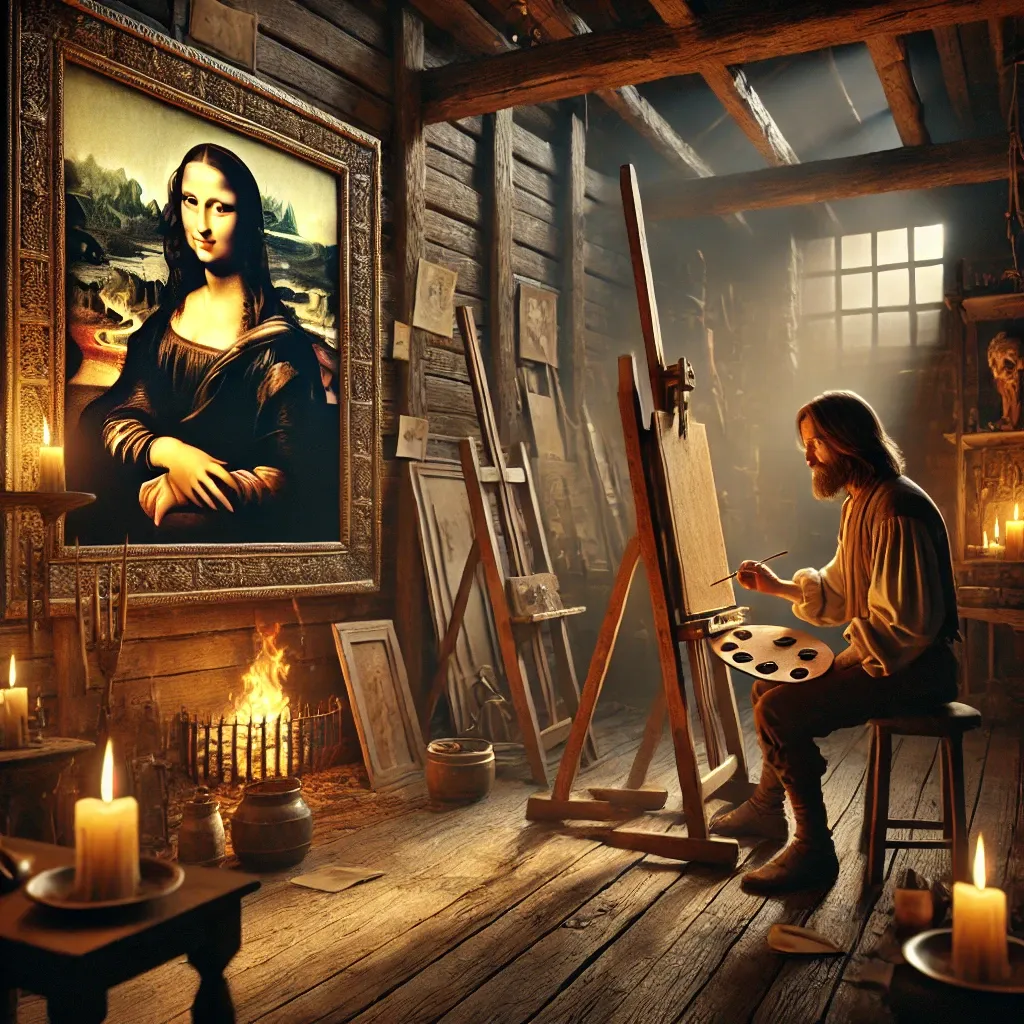 Leonardo da Vinci malujący Mona Lisę