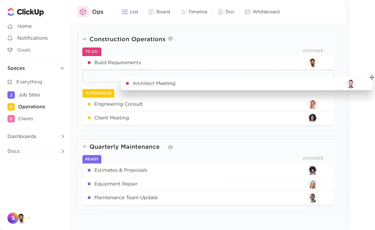 ClickUp pour les équipes de construction : logiciel gratuit de gestion de projet de construction