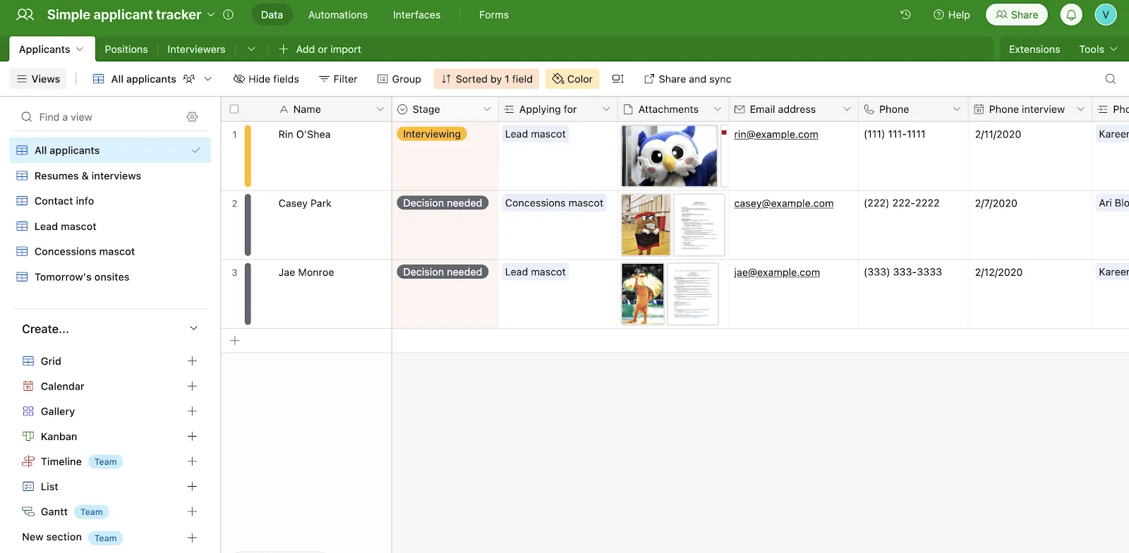 Modello Airtable semplice per il monitoraggio dei candidati