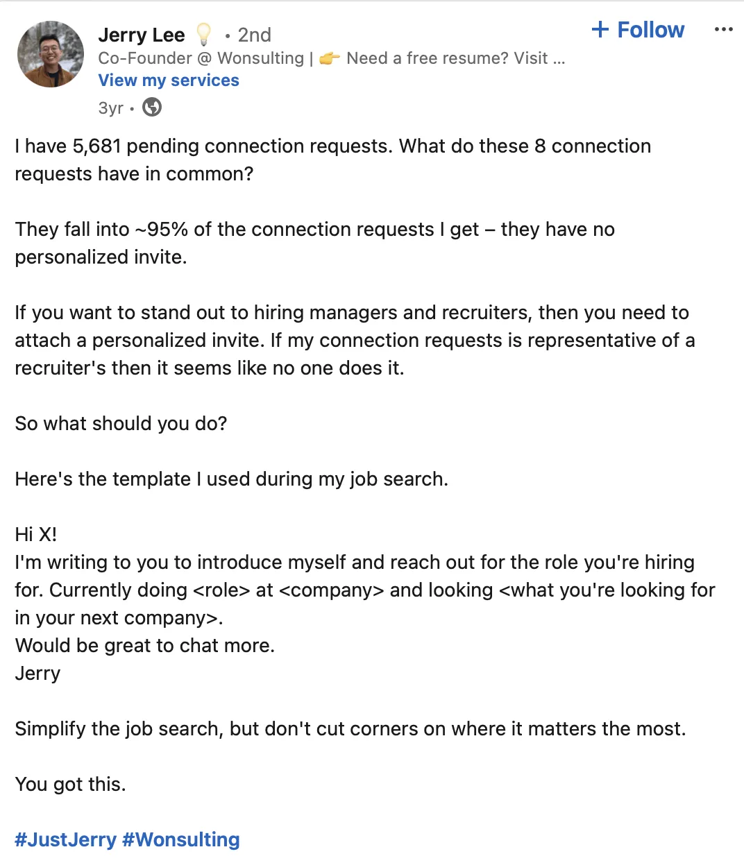 Conseil de Jerry Lee pour envoyer un message à un responsable du recrutement