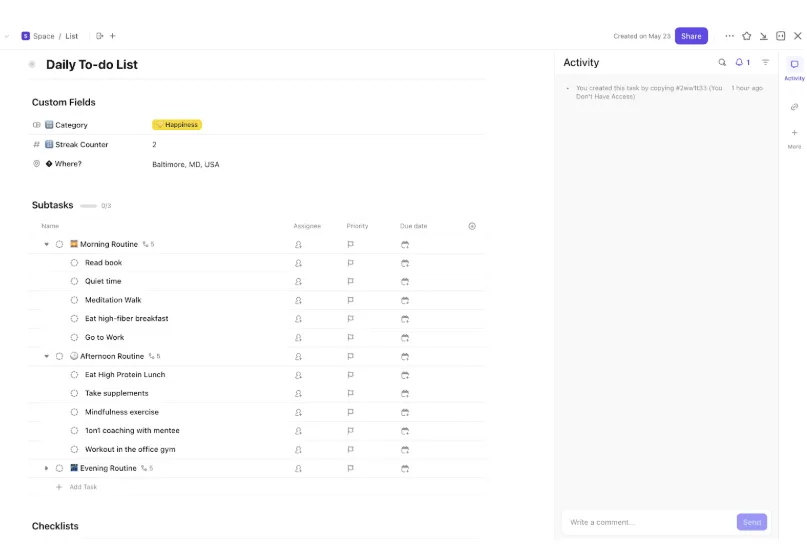 Template Daftar Tugas Harian ClickUp