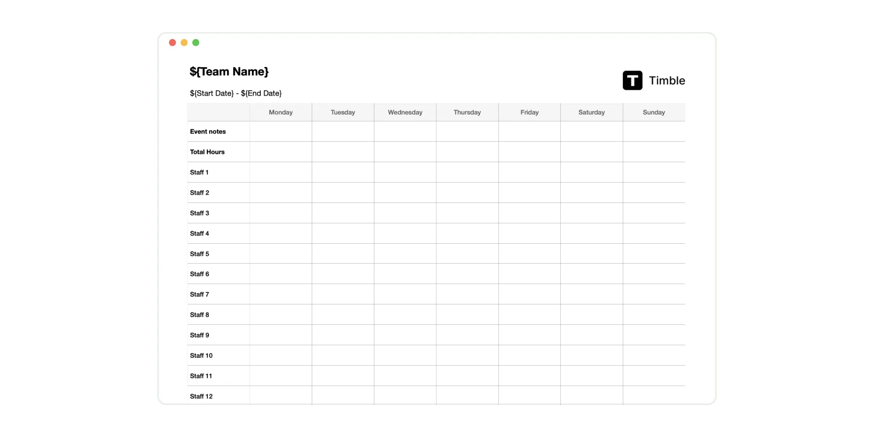 แบบฟอร์มตารางกะพนักงานรายสัปดาห์ Excel โดย Timble