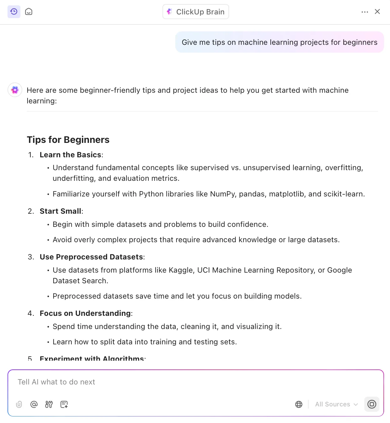 ClickUp Brain voor tips over projecten voor machinaal leren