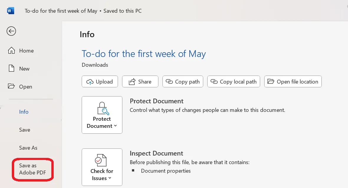 Option « Enregistrer au format PDF » dans Microsoft Word