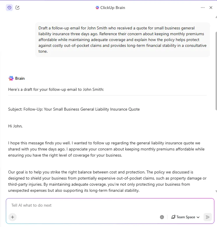 Genera un'email di follow-up con ClickUp Brain.