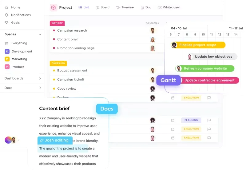 Vue Liste, vue Document et vue Gantt dans ClickUp