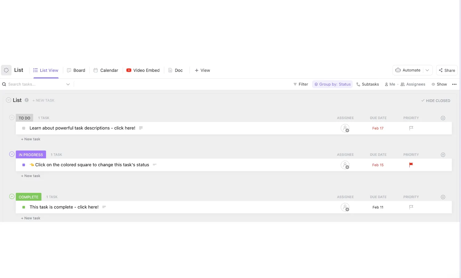 Plantilla de lista de tareas de proyectos de ClickUp