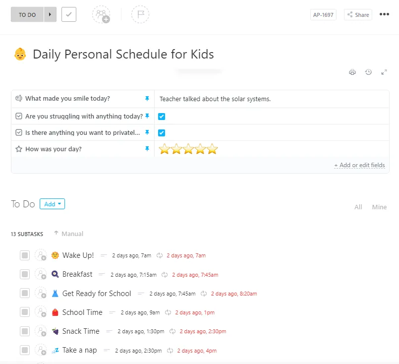 ClickUp ตารางประจำวันสำหรับเด็กและแม่แบบการสะสมนิสัย: สร้างนิสัยตั้งแต่เนิ่นๆ ด้วยการเชื่อมโยงนิสัยเดิม