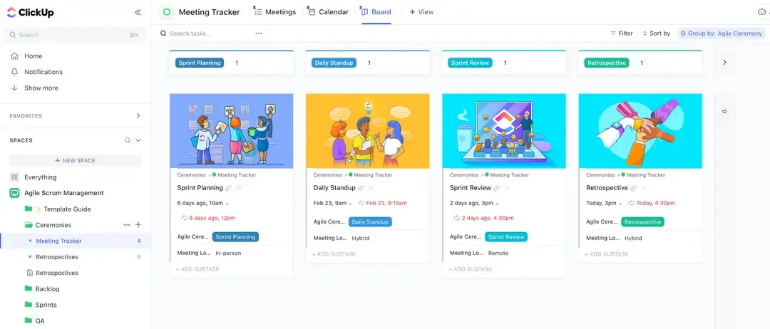 Använd ClickUps mall för agil Scrum-hantering för att förbättra samarbetet mellan dina produkt-, teknik- och kvalitetssäkringsteam.