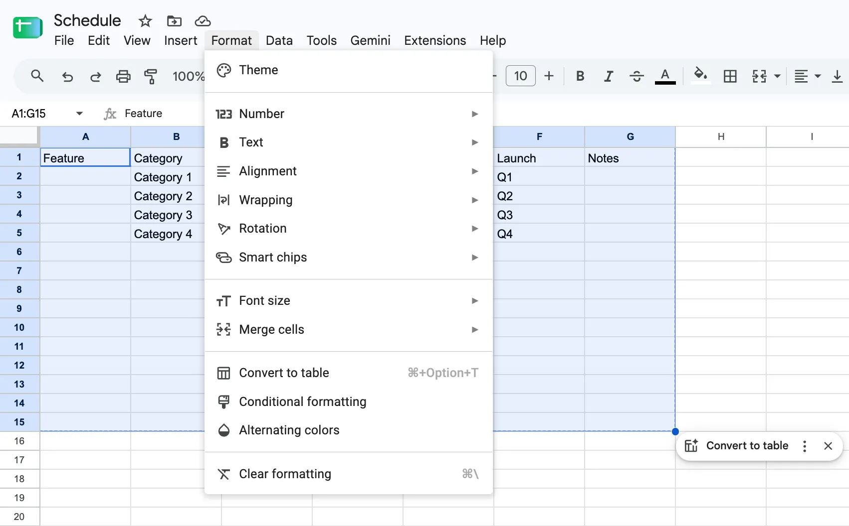 Formato > Converti in tabella: Project management con Fogli Google