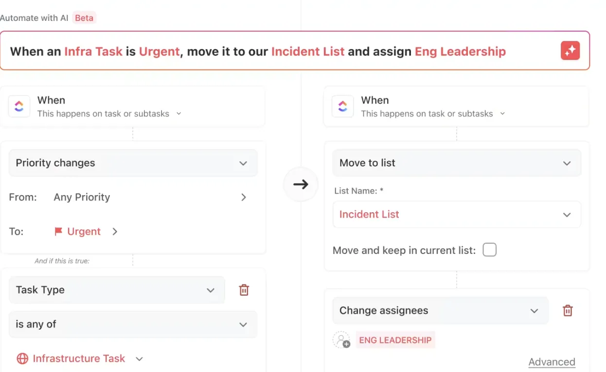 Applica le automazioni di ClickUp per aggiornare automaticamente le priorità delle attività, gli assegnatari e altro ancora.