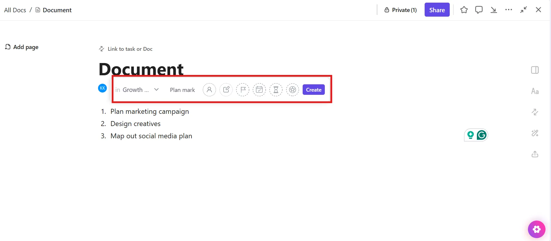 Añada personas asignadas, fechas límite y otros detalles directamente en ClickUp Docs para crear la tarea.