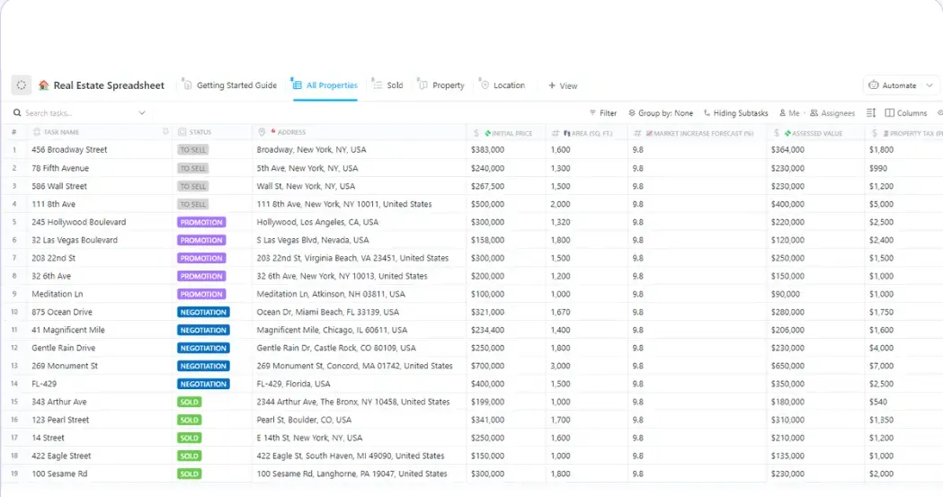 Modèles de gestion immobilière ClickUp Real Estate Spreadsheet
