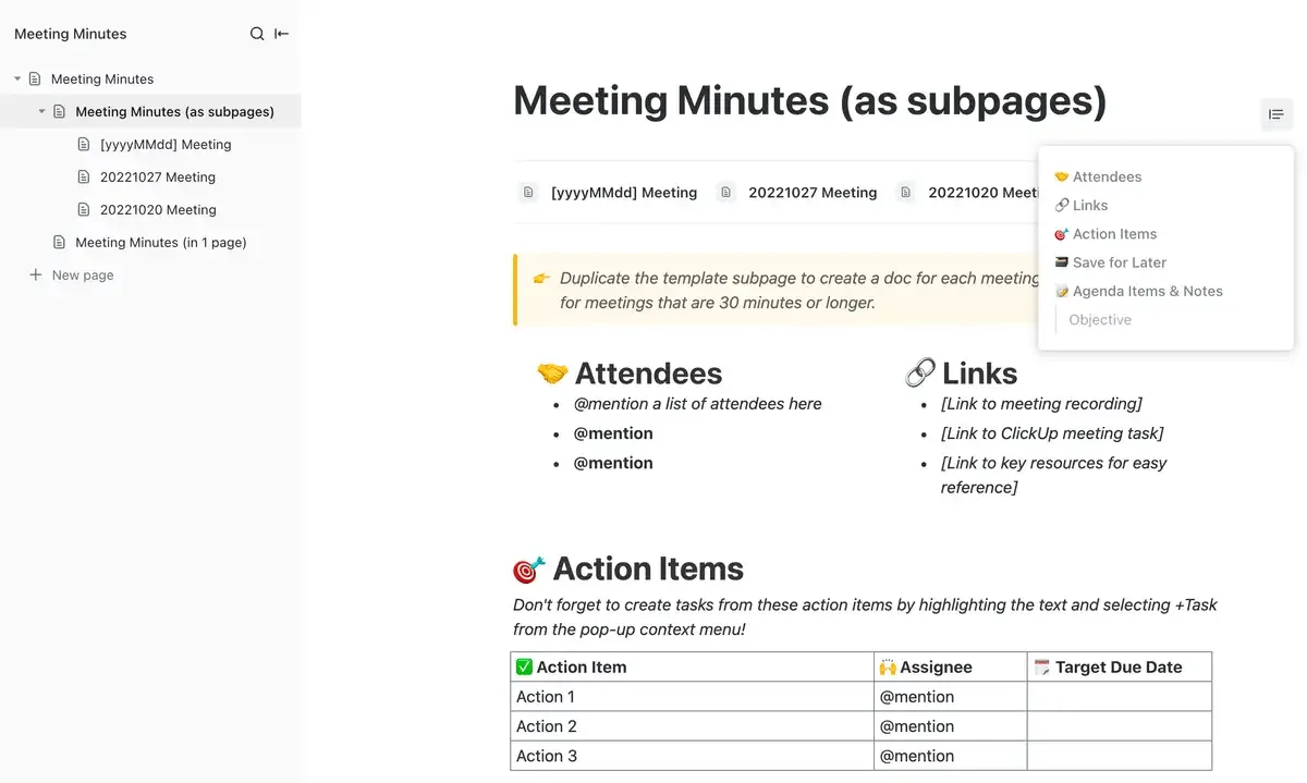 Il modello di verbale di riunione di ClickUp semplifica il processo di organizzazione dei partecipanti, del programma e delle attività da intraprendere, con monitoraggio degli insegnamenti chiave e dei risultati per le parti interessate e assegnazione di nuove attività ai membri del team.