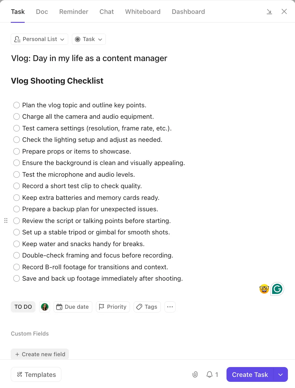 Listas de control de tareas en ClickUp: cómo hacer un vlog