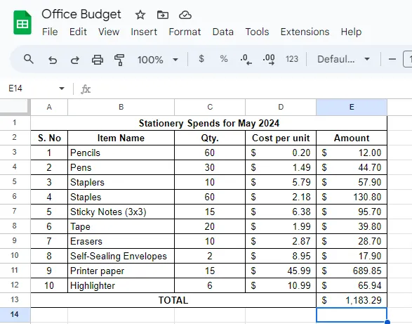 ฟังก์ชัน SUM แบบแมนนวล วิธีรวมค่าในคอลัมน์ใน Google Sheets ภาพหน้าจอ 3