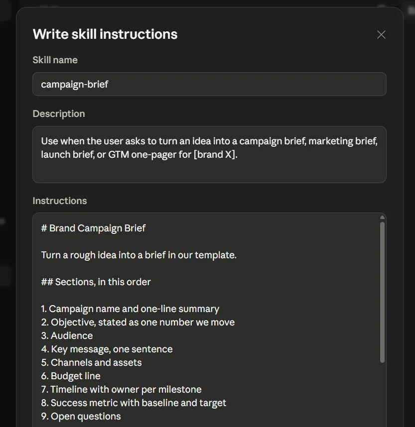 Exempel på kampanjbrief för Claude Skills