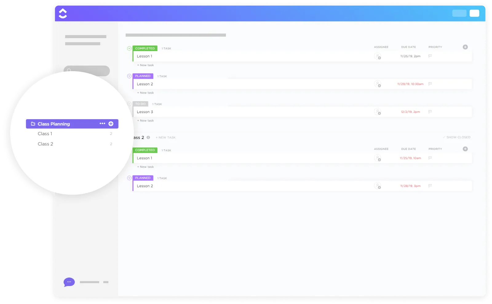 เทมเพลตการวางแผนชั้นเรียน ClickUp: รูปแบบการวางแผนชั้นเรียนสำหรับหลายวิชาเพื่อกำหนดงาน ทรัพยากร และกำหนดเวลาส่ง