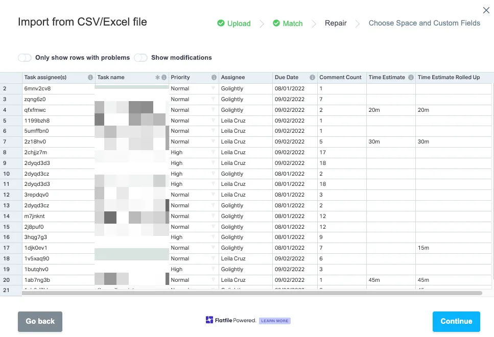xem lại tập dữ liệu trước khi nhập tệp Excel vào ClickUp