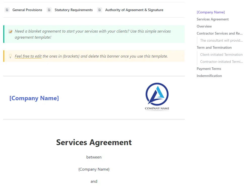 Modèle de contrat de services de cahier des charges ClickUp