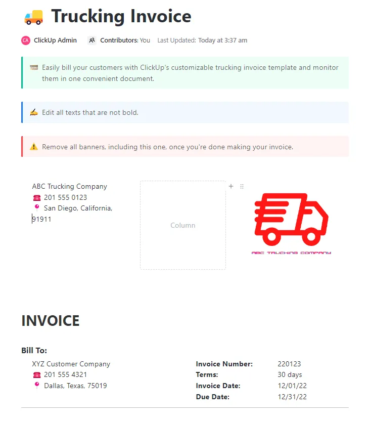 แม่แบบใบแจ้งหนี้สำหรับการขนส่งทางรถบรรทุกของ ClickUp