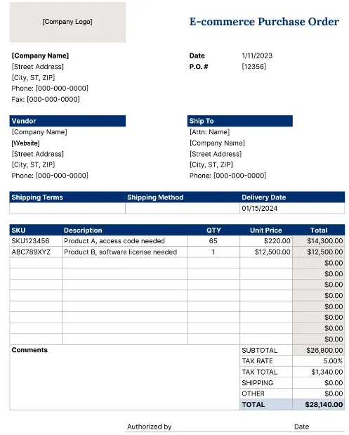 E-Commerce-Bestellvorlage Excel von CIN7