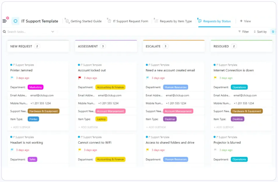 เทมเพลตการสนับสนุนด้านไอทีของ ClickUp: ตัวอย่างบอร์ดคัมบัง