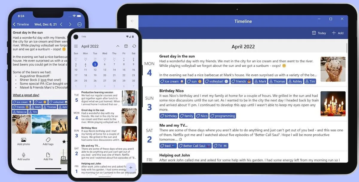 Digitale Tagebuch-Apps: Diarium für Tablet und Mobilgeräte in verschiedenen Ansichten