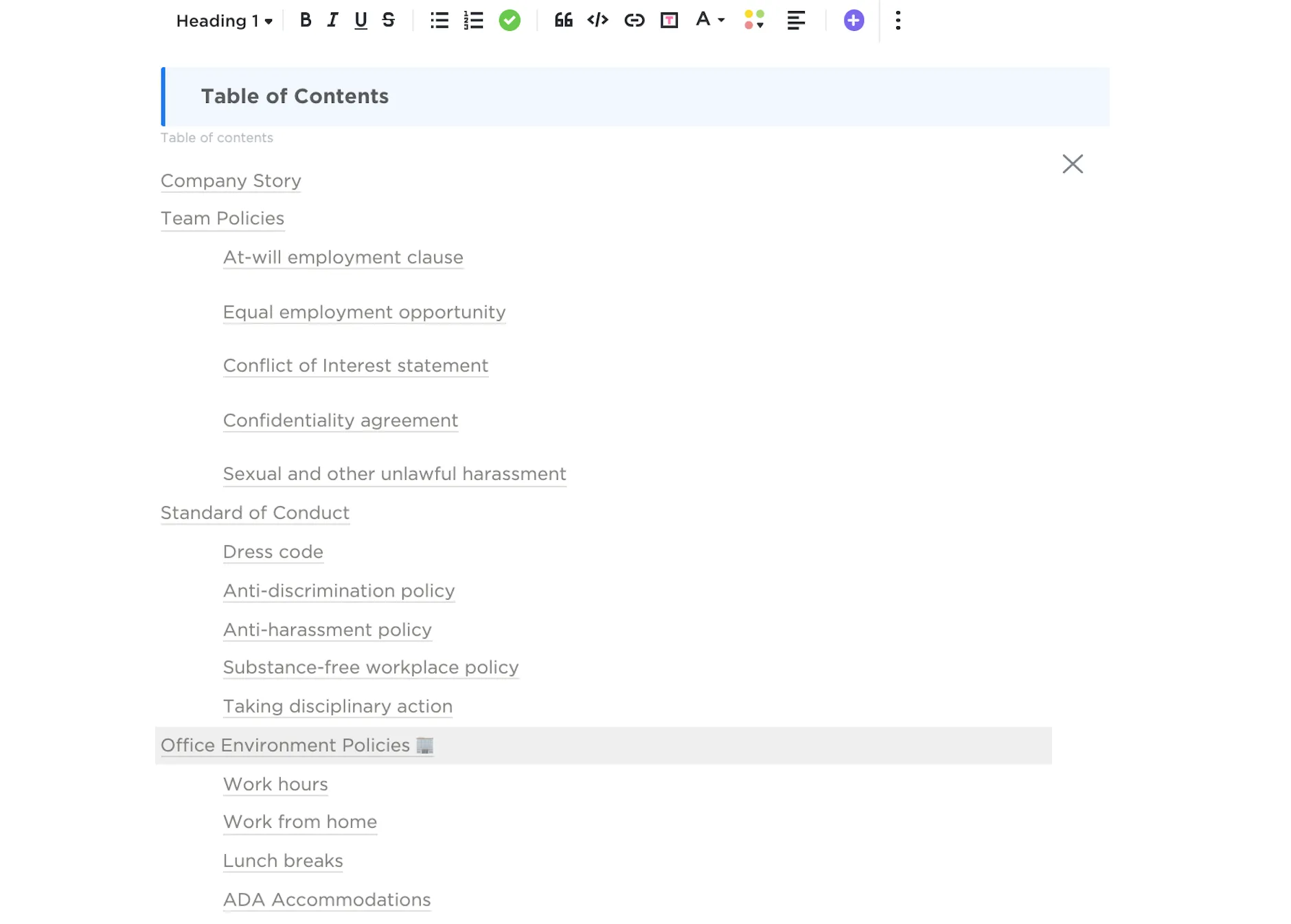 Modello di manuale per i dipendenti ClickUp Indice