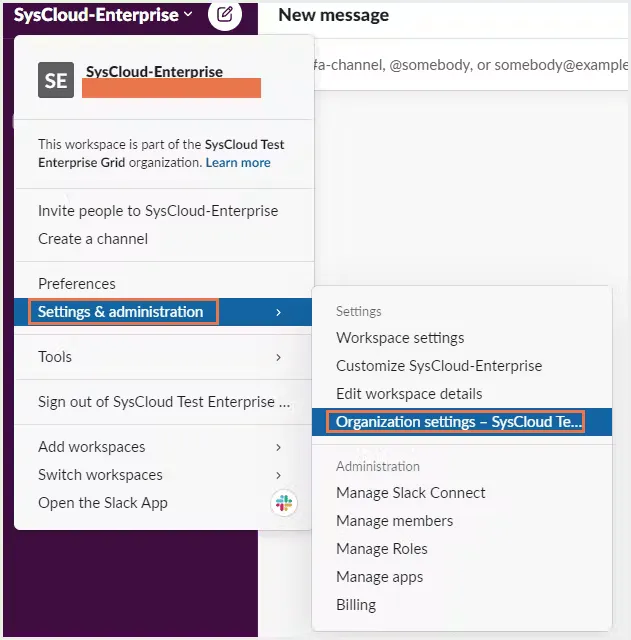 Como usar o Slack AI: passe o mouse sobre Ferramentas e configurações e selecione Configurações da organização.