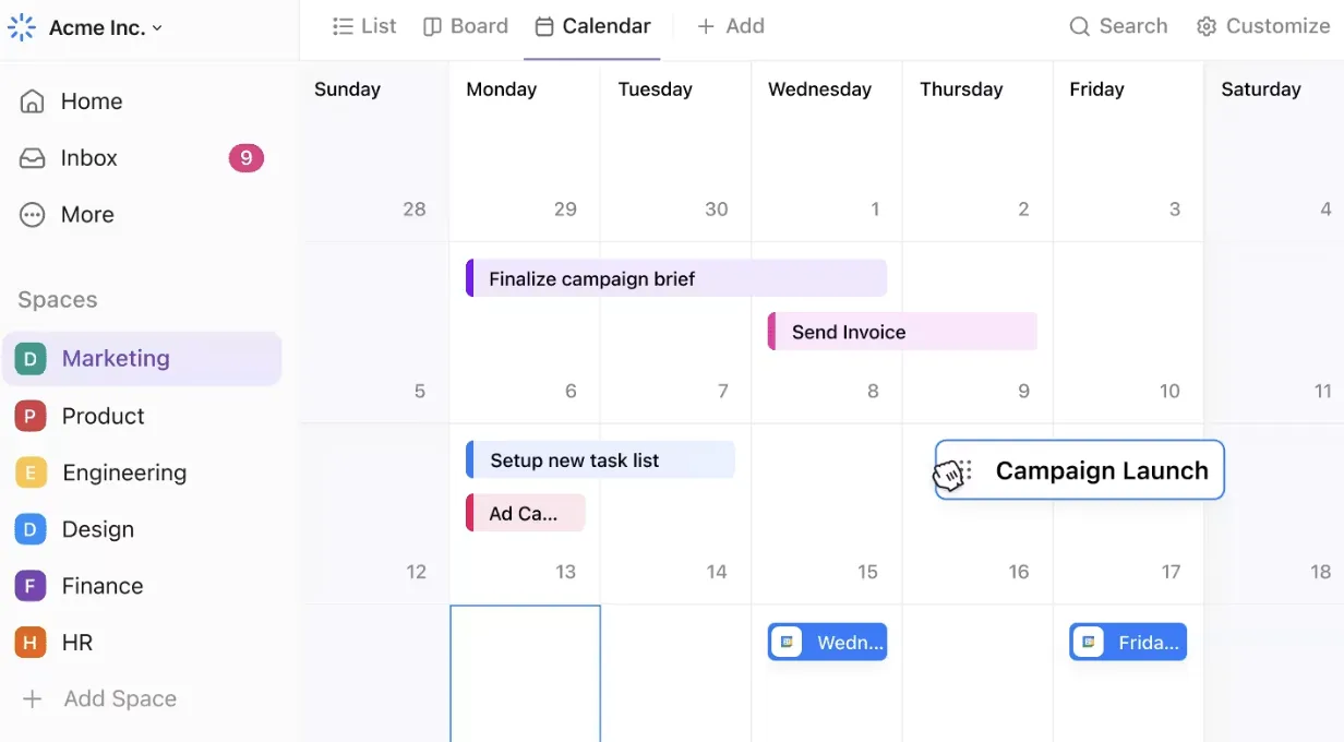 Visualização do calendário do ClickUp: crie facilmente uma rotina matinal exemplar para um CEO de startup.